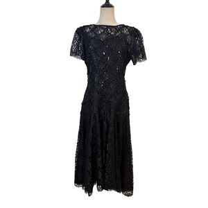 vtg 80s Lace Sequin Dress Basque waist sz 8 Black Cocktail glam goth whimsigoth